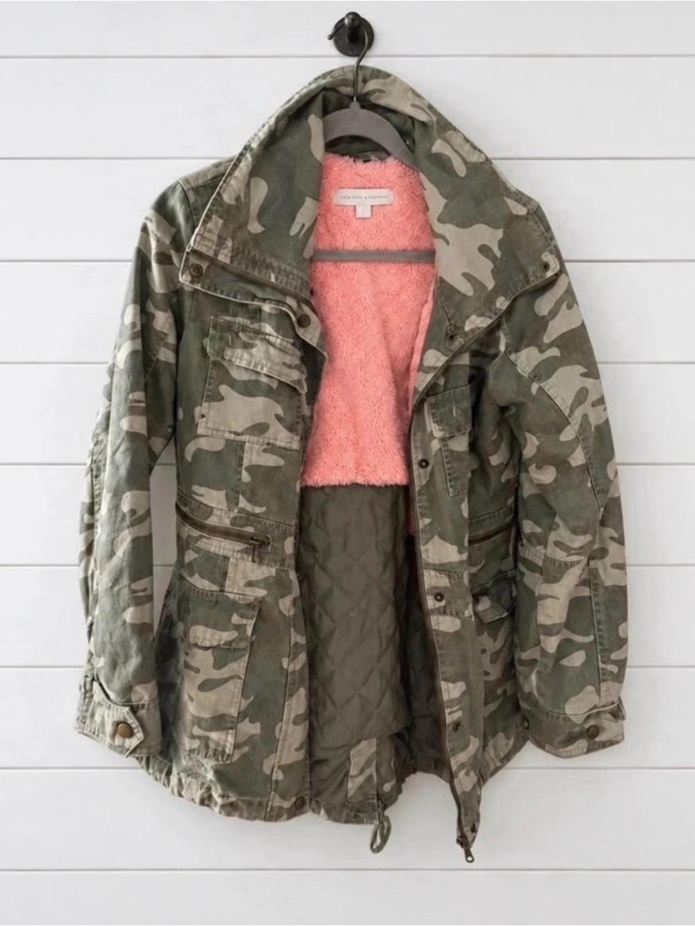 New York & Company Green Camo Jacket with Pink Sherpa